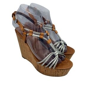 Coach Women's Cork Wedge Sandal Size 6 Georgiana Tan Leather Silver Strappy Chic